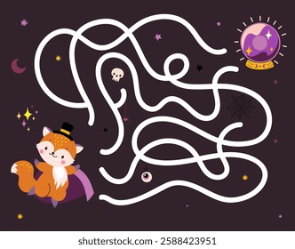 Magic maze with cartoon fox. Cute animal wizard looking path to crystal ball. Halloween time, phantasy fairy tale puzzle game location, vector template