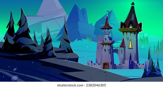 Magic medieval castle at night with fantasy mountain landscape. halloween fairytale building tower with green aurora light in sky. Polar enchanted chateau house above mystery borealis illustration