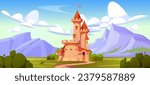 Magic medieval fairytale castle mountain vector landscape background. Road to fantasy princess palace with flag. High kingdom mansion building on skyline in beautiful valley nature drawing design.