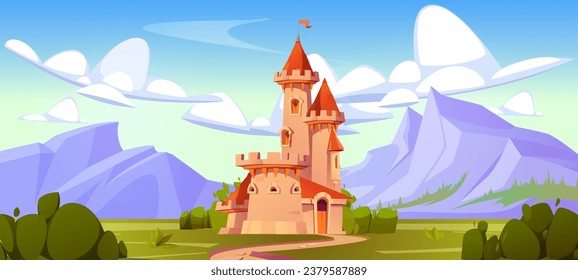 Magic medieval fairytale castle mountain vector landscape background. Road to fantasy princess palace with flag. High kingdom mansion building on skyline in beautiful valley nature drawing design. svg