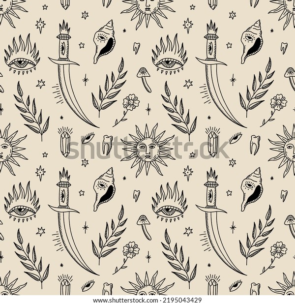 Magic\
medieval moon and sun hippie boho vintage astrology esoteric witch\
vector and jpg printable seamless pattern, unique repeat clipart\
illustration image, editable isolated\
details.