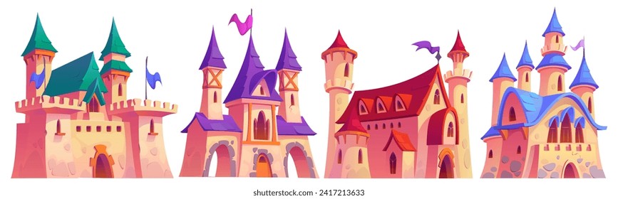 Magic medieval royal castle with flag on tower, windows and gate for children book story or game ui design. Cartoon vector illustration set of fantasy fairytale ancient kingdom fortress palace or fort