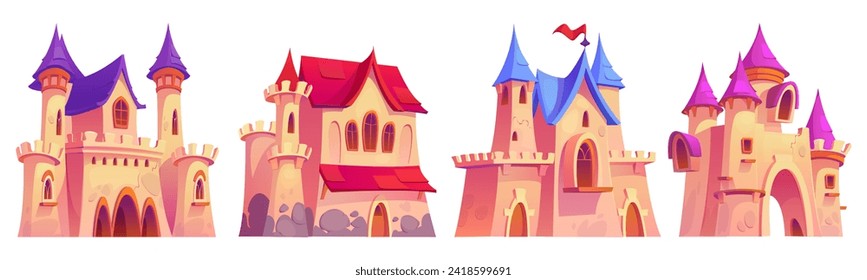 Magic medieval royal castle with flag on tower, windows and gate for children book story or game ui design. Cartoon vector illustration set of fantasy fairytale ancient kingdom fortress palace or fort