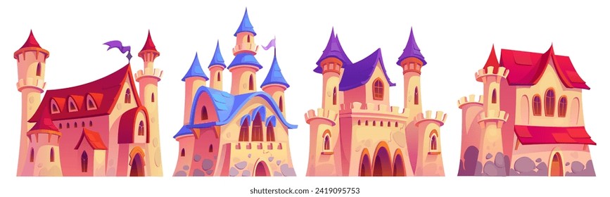 Magic medieval royal castle with flag on tower, windows and gate for children book story or game ui design. Cartoon vector illustration set of fantasy fairytale ancient kingdom fortress palace or fort