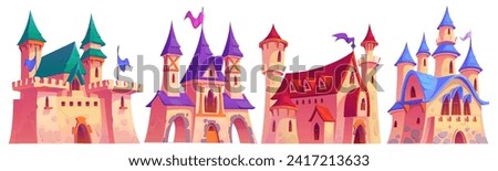 Magic medieval royal castle with flag on tower, windows and gate for children book story or game ui design. Cartoon vector illustration set of fantasy fairytale ancient kingdom fortress palace or fort