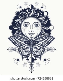 Magic medieval sun and butterfly tattoo and t-shirt design. Alchemical symbol of the sun, moon phases coloring book 