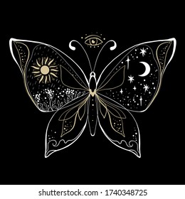 Magic medieval sun and moon on butterfly tattoo and t-shirt design. Alchemical symbol of the sun, moon phase coloring book