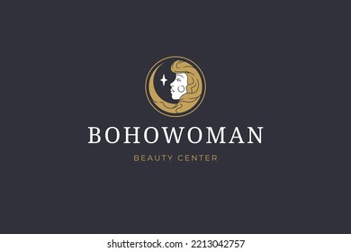 Magic meditation woman golden circle logo mythic elegant feminine vector illustration. Romantic beauty rounded border mythical lady with stars in long hair web app business card decorative design
