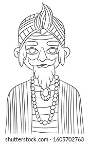 Magic men coloring book page for children and adults. Fortune teller with beard and mustaches, beads and turban. Simple outline vector stock illustration. Mystic men black outline on white background.