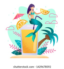 Magic Mermaid Advertising Orange Fresh Cartoon. Flat Vector Siren Character Sitting on Huge Glass with Juice and Offering Fruit Slice Creative Illustration. Beach Bar Menu Advertisement. Palm and Sand