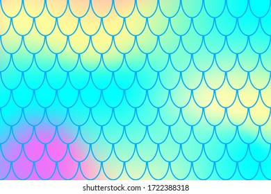 Magic mermaid color gradient. Fish skin ornament. Colorful abstract background with fishscale pattern. Summer party banner template. Optimistic backdrop for web design or wallpaper. Fish scale print