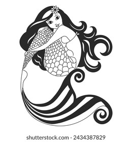 Magic  mermaid girl, black and white design. Sketch for children's coloring. Illustration, vector