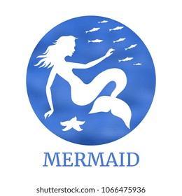 Magic mermaid silhouette with jellyfish and fishes isolated on white. Vector illustration