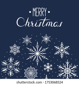 Magic Merry Christmas border with snowflakes and sparkles. Winter holiday card template. Vector isolated festive background with lettering.