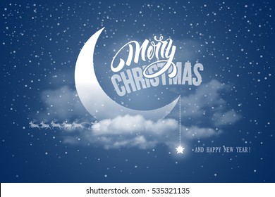 Magic Merry Christmas and Happy New Year night for greeting card. Half moon in clouds, stars and snowfall. Santa Claus and reindeers silhouette on moon background. Cute and unusual vector design.