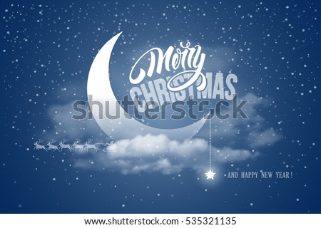 Magic Merry Christmas and Happy New Year night for greeting card. Half moon in clouds, stars and snowfall. Santa Claus and reindeers silhouette on moon background. Cute and unusual vector design.