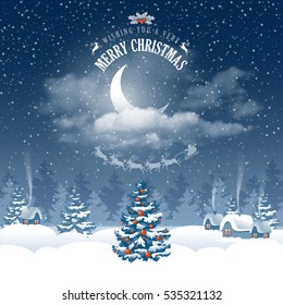 Magic Merry Christmas night for greeting card. Half moon in clouds, stars and snowfall. Flying Santa Claus with reindeers silhouette on moon background over winter landscape. Vector illustration.