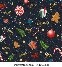 Magic Merry Christmas seamless vector pattern with traditional elements: lollipops, gingerbread men, bow, fir branches, gift and Christmas balls.
