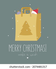 Magic Mery Christmas card with gift package with christmas tree toys in cartoon style. Vector illustration.