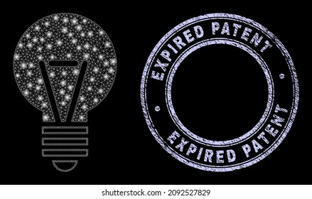 Magic mesh net electric bulb icon with glow effect on a black background, and round Expired Patent corroded seal print. Vector carcass is based on electric bulb icon, white mesh net is used.