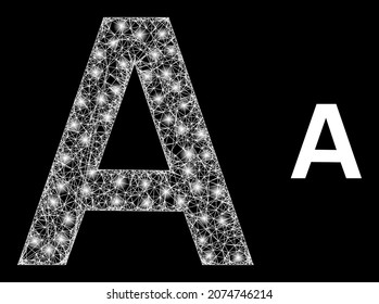 Magic mesh vector Alpha Greek symbol with glow effect. White mesh, bright spots on a black background with Alpha Greek symbol icon. Mesh and glowing elements are placed on different layers.