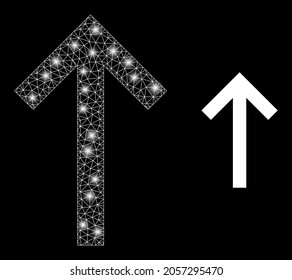 Magic mesh vector up arrow with glare effect. White mesh, light spots on a black background with up arrow icon. Mesh and glare elements are placed on different layers.