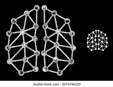 Magic mesh vector artificial intelligence with glare effect. White mesh, flash spots on a black background with artificial intelligence icon. Mesh and glare elements are placed on different layers.