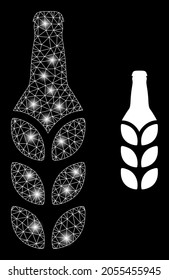 Magic mesh vector barley beer with glow effect. White mesh, bright spots on a black background with barley beer icon. Mesh and glowing elements are placed on different layers.