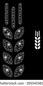 Magic mesh vector barley ear with glare effect. White mesh, glare spots on a black background with barley ear icon. Mesh and glare elements are placed on different layers.
