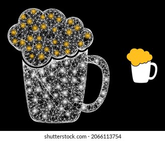 Magic mesh vector beer glass foam with glare effect. White mesh, glare spots on a black background with beer glass foam icon. Mesh and glowing elements are placed on different layers.