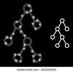 Magic mesh vector binary hierarchy with glare effect. White mesh, bright spots on a black background with binary hierarchy icon. Mesh and glowing elements are placed on different layers.