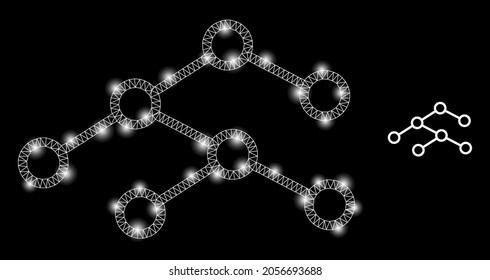 Magic mesh vector binary tree with glare effect. White mesh, flash spots on a black background with binary tree icon. Mesh and glare elements are placed on different layers.