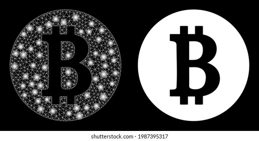 Magic mesh vector bitcoin coin with glare effect. White mesh, glare spots on a black background with bitcoin coin icon. Mesh and glowing elements are placed on different layers.