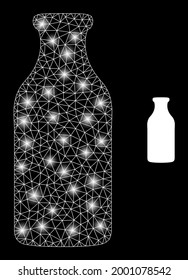 Magic mesh vector bottle with glow effect. White mesh, bright spots on a black background with bottle icon. Mesh and glare elements are placed on different layers.