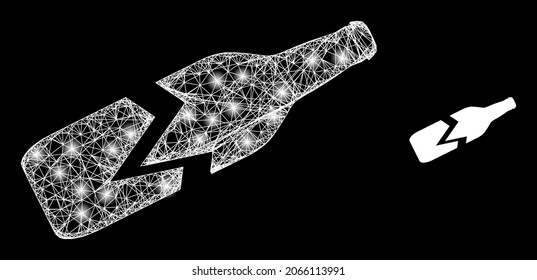 Magic mesh vector broken beer bottle with glow effect. White mesh, glare spots on a black background with broken beer bottle icon. Mesh and glowing elements are placed on different layers.