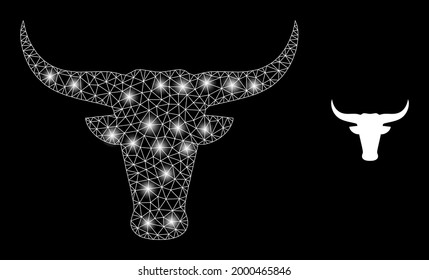 Magic mesh vector bull head with glare effect. White mesh, flash spots on a black background with bull head icon. Mesh and lightspot elements are placed on different layers.