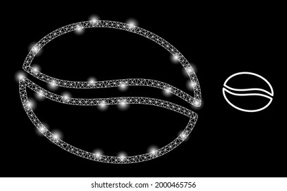 Magic mesh vector cacao beans with glare effect. White mesh, bright spots on a black background with cacao beans icon. Mesh and glare elements are placed on different layers.
