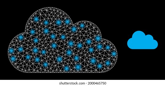 Magic mesh vector cloud with glare effect. White mesh, glare spots on a black background with cloud icon. Mesh and glare elements are placed on different layers.