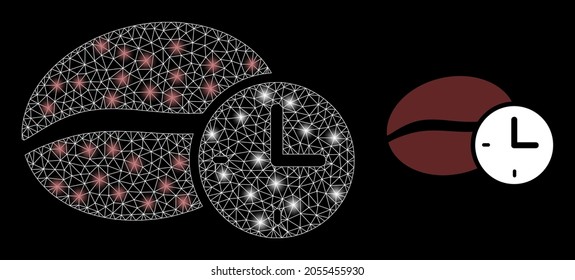Magic mesh vector coffee time with glare effect. White mesh, glare spots on a black background with coffee time icon. Mesh and glare elements are placed on different layers.
