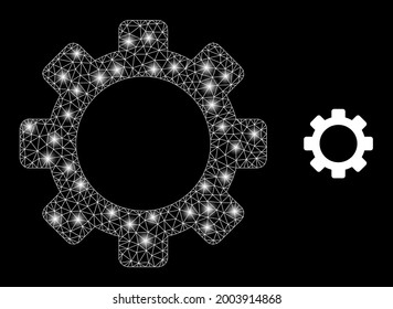 Magic mesh vector cog with glare effect. White mesh, glare spots on a black background with cog icon. Mesh and glare elements are placed on different layers.