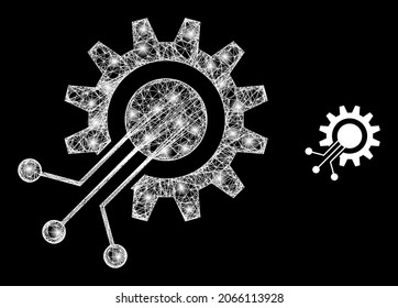 Magic mesh vector cog interface with glare effect. White mesh, glare spots on a black background with cog interface icon. Mesh and lightspot elements are placed on different layers.