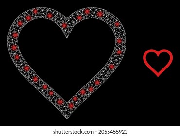 Corazón de contorno vectorial de malla mágica con efecto de resplandor. Malla blanca, puntos brillantes sobre un fondo negro con un icono de contorno del corazón. Los elementos de malla y resplandor se colocan en diferentes capas.