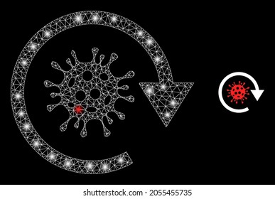 Magic Mesh Vector Covid Virus Update With Glare Effect. White Mesh, Glare Spots On A Black Background With Covid Virus Update Icon. Mesh And Glare Elements Are Placed On Different Layers.