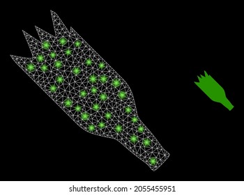 Magic mesh vector crashed beer bottle with glow effect. White mesh, glare spots on a black background with crashed beer bottle icon. Mesh and glare elements are placed on different layers.