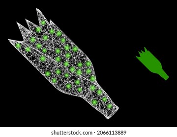 Magic mesh vector crashed beer bottle with glare effect. White mesh, flash spots on a black background with crashed beer bottle icon. Mesh and glare elements are placed on different layers.