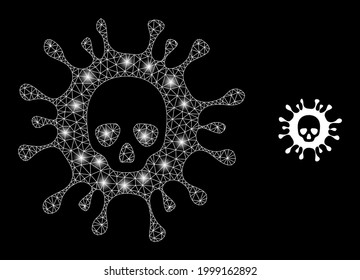 Virus de la muerte vectorial de malla mágica con efecto de resplandor. Malla blanca, manchas brillantes en un fondo negro con un icono del virus de la muerte. Los elementos de malla y resplandor se colocan en diferentes capas.
