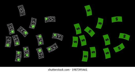 Magic mesh vector dollar banknotes with glare effect. White mesh, glare spots on a black background with dollar banknotes icon. Mesh and glare elements are placed on different layers.