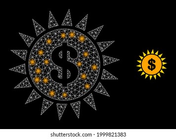 Magic mesh vector dollar shine with glare effect. White mesh, bright spots on a black background with dollar shine icon. Mesh and glare elements are placed on different layers.