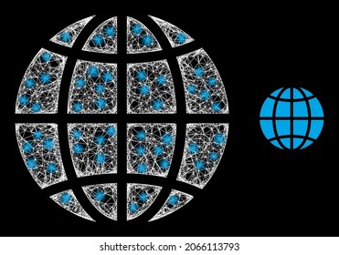 Magic mesh vector Earth globe with glow effect. White mesh, light spots on a black background with Earth globe icon. Mesh and glowing elements are placed on different layers.