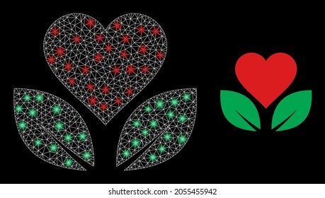 Magic mesh vector eco life with glare effect. White mesh, glare spots on a black background with eco life icon. Mesh and glare elements are placed on different layers.